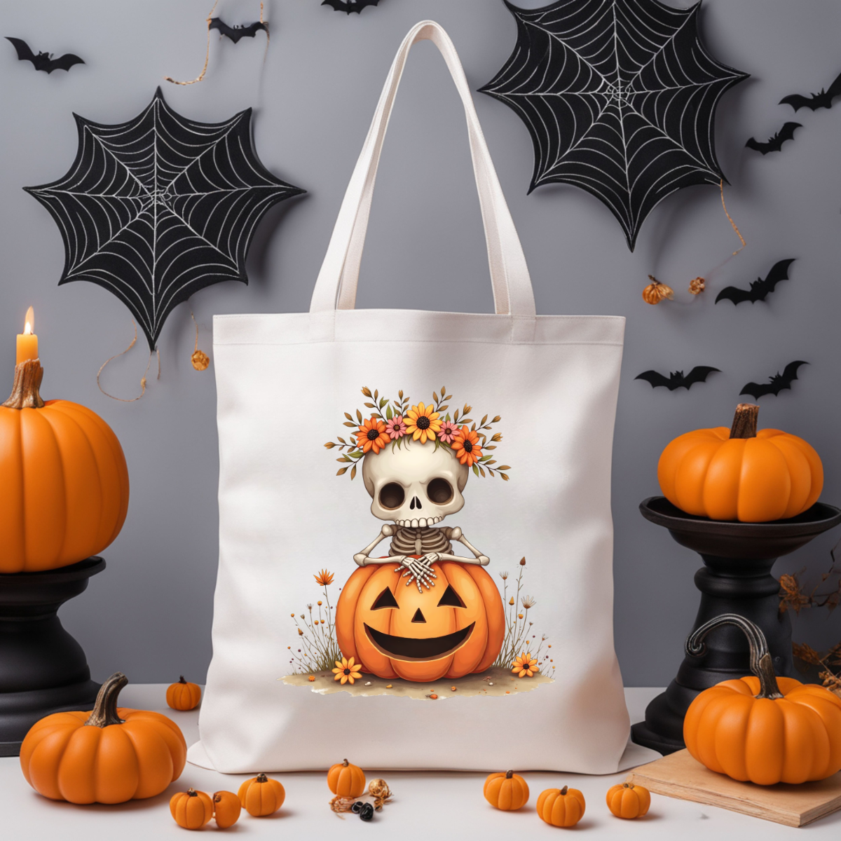 Tote Bag – Skeleton & Pumpkin Charm / Squelette et Citrouille enchantée