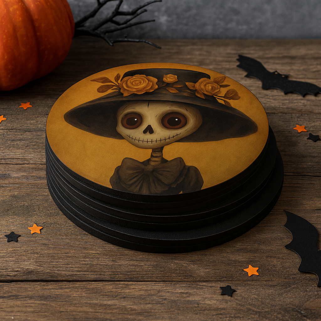 Mam Zelle Coasters – Ensemble de 6 Sous-Verres Squelette Féminin Halloween (4 po / 10 cm)