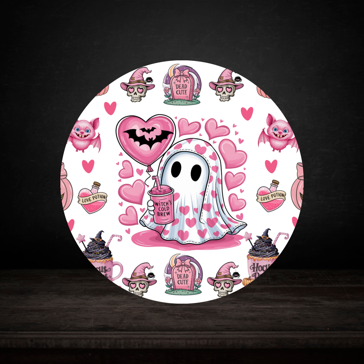 Round coaster with cartoon ghost, hearts, and potion bottles on a white background