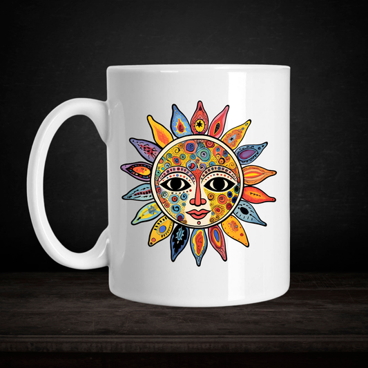White mug with a colorful sun design on a dark background