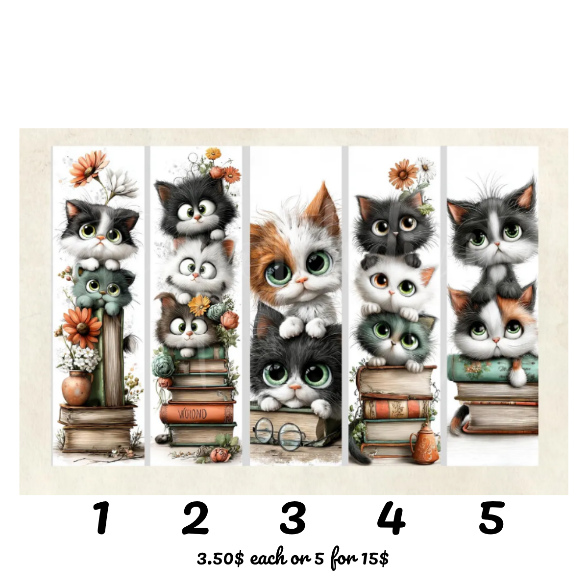 Cute Cat Bookmarks – Laminated (Plastified) 2x7 | Floral Cozy Kittens