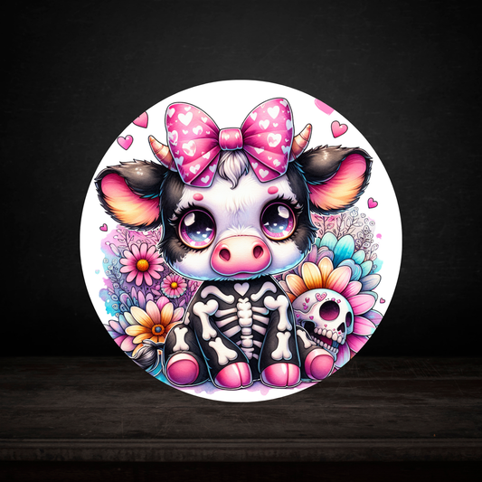 Cartoon cow with a pink bow and skeleton design on a colorful background