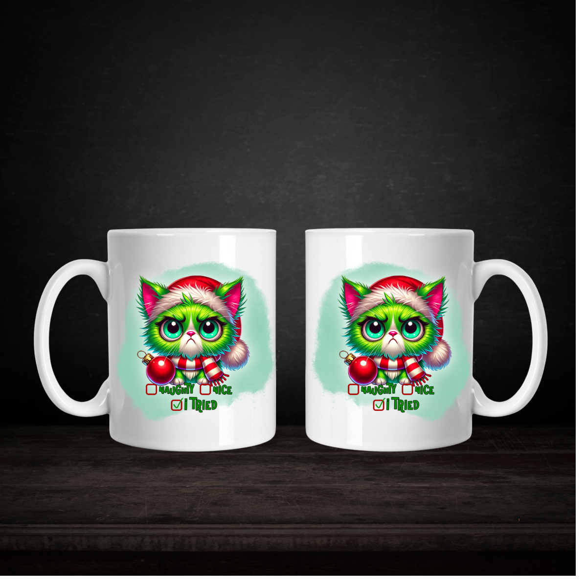 “Naughty, Nice, I Tried” Christmas Cat Mug 15 oz