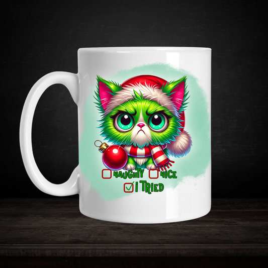 “Naughty, Nice, I Tried” Christmas Cat Mug 15 oz